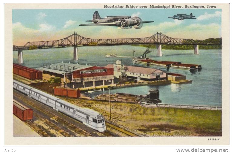 Burlington Iowa Municipal River Terminal, Mississippi River Scene, Dock, Train, Plane, On C1930s Vintage Postcard - Sonstige & Ohne Zuordnung
