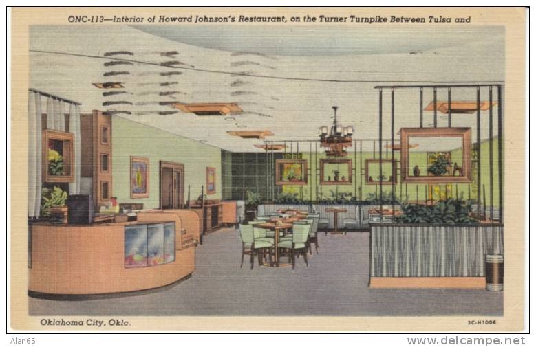 Howard Johnson's Restaurant Interior, Turner Turnpike Tulsa & Oklahoma City OK, 1953 Vintage Curteich Linen Postcard - American Roadside