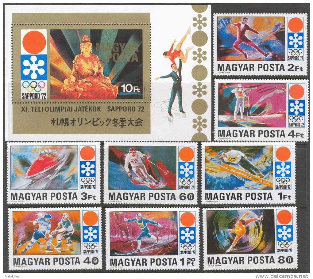 Hungary 1972 Winter Olympic Games Sapporo-72 Set Of 8 + Block MNH - Hiver 1972: Sapporo