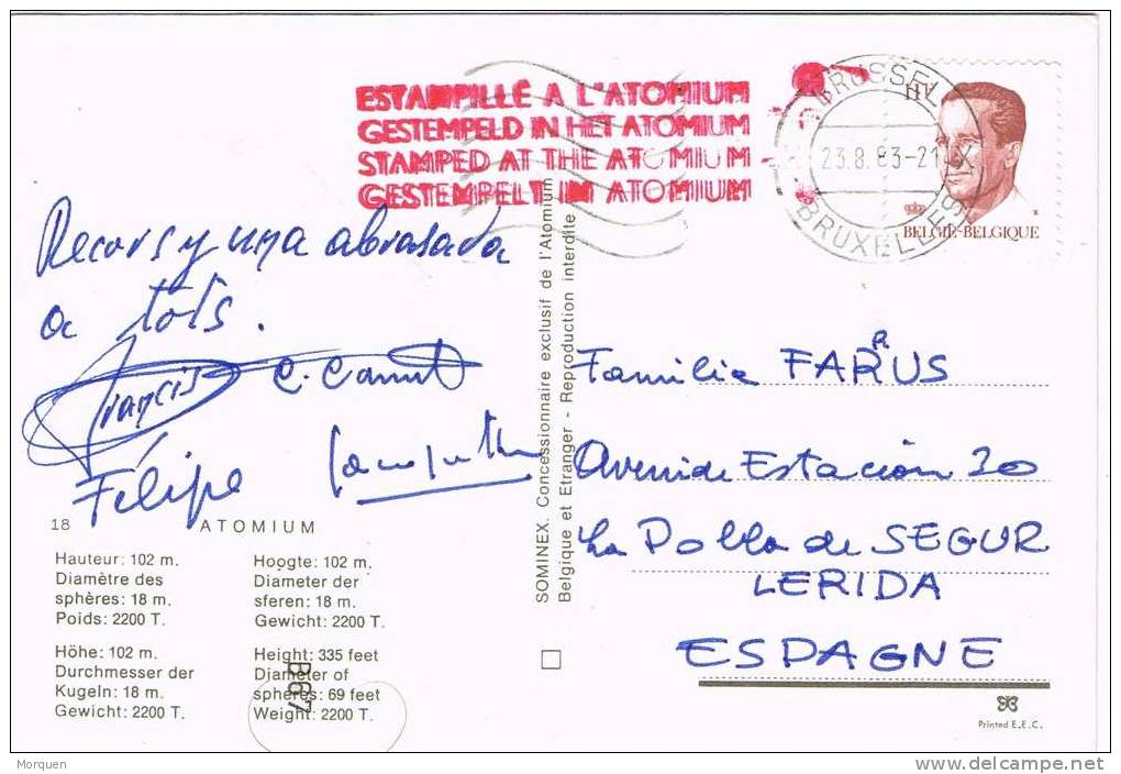 Postal BRUSSELES (Belgica) 1983.    Estampillé A L´ ATOMIUM - Storia Postale