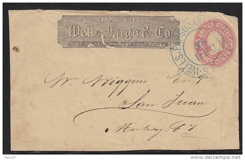 U.S. WELLS FARGO COVER  Front Only  San Francisco 1864-5  To San Juan,Cal. (No POst Office) - Covers & Documents