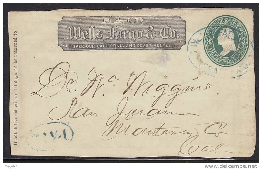 U.S. WELLS FARGO COVER  Front Only  San Francisco 1864-5  To San Juan,Cal. (No POst Office) - Covers & Documents