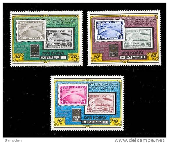 North Korea Stamps + Mini Sheet 1980 50th Anni Of North Pole Flight Of Zeppelin Balloon Aviation Space - Polar Flights