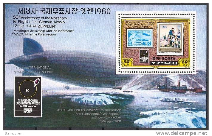 North Korea Stamp S/s 1980 50th Anni Of The North Pole Flight Of Airship Zeppelin Balloon Aviation Space - Vols Polaires