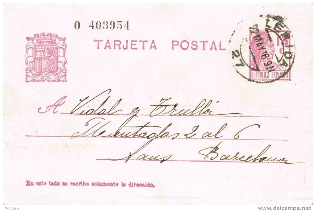 Entero Postal LERIDA 1936. Republica - 1931-....