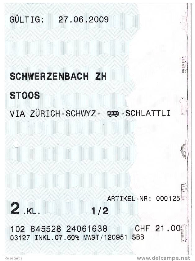 Schweiz: SBB Schweizerische Bundesbahnen. Schwerzenbach ZH - Stoos - Europa