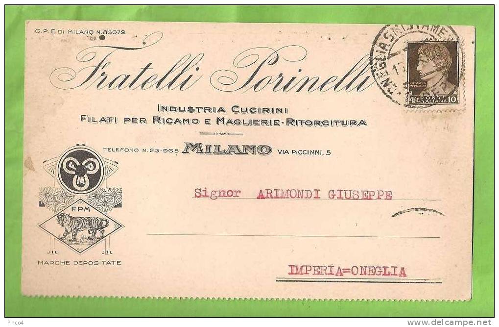 FRATELLI PORINELLI MILANO INDUSTRIA CUCIRINI CARTOLINA PUBBLICITARIA  VIAGGIATA NEL 1931 - Advertising