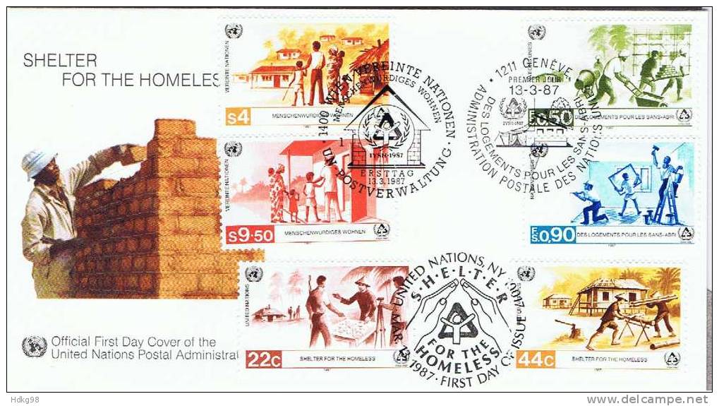 UN+ 1987 Genf Mi 154-55 New York Mi 520-21 Wien Mi 69-70 FDC Menschenwürdiges Wohnen - Gemeinschaftsausgaben New York/Genf/Wien