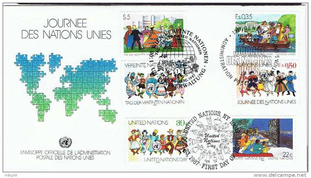 UN+ 1987 Genf Mi 158-59 New York Mi 540-41 Wien Mi 75-76 FDC Tag Der Vereinten Nationen - Gemeinschaftsausgaben New York/Genf/Wien