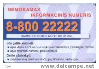 # LITHUANIA 72 Nemokamas 8 800 222222 50 Gpt   Tres Bon Etat - Lituania