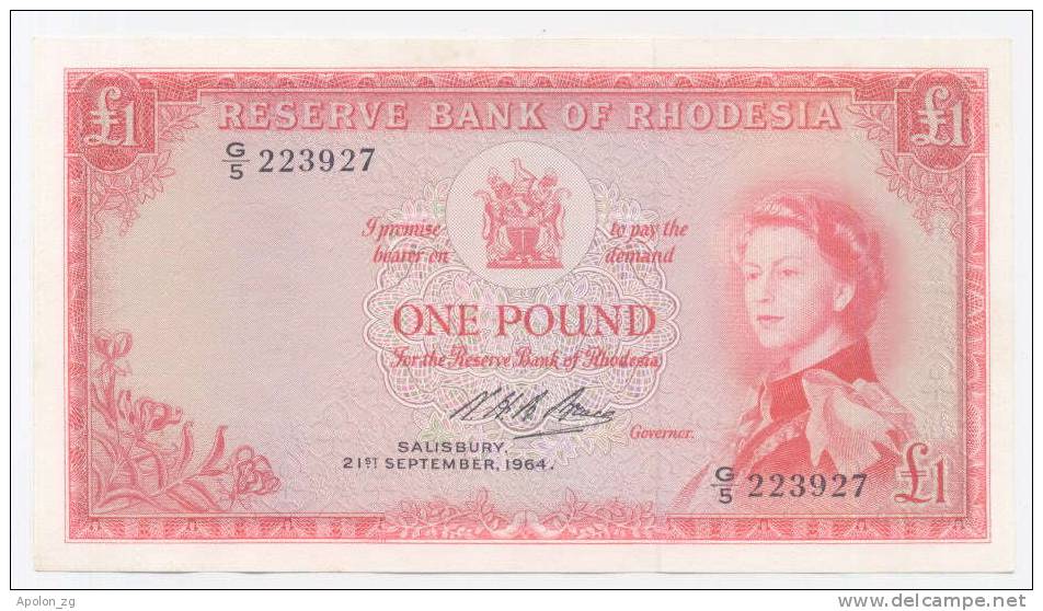 RHODESIA: 1 Pound  21.9.1964  XF/AU *P-25  *QUEEEN ELIZABETH II*  RARE BANKNOTE! - Rhodesia