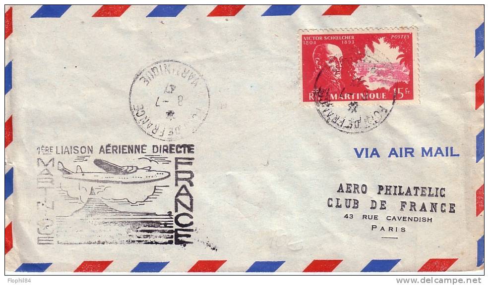 MARTINIQUE-1er LIAISON AERIENNE DIRECTE MARTINIQUE FRANCE - DE FORT DE FRANCE LE 8-7-1947 -VERSO VIGNETTE DE LA PREMIERE - Other & Unclassified