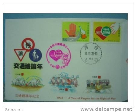 FDC 1992 Respect For Right Of Way Year Motorbike Car Sidewalk Elephant Bird Goose Wine Traffic - Elefanten