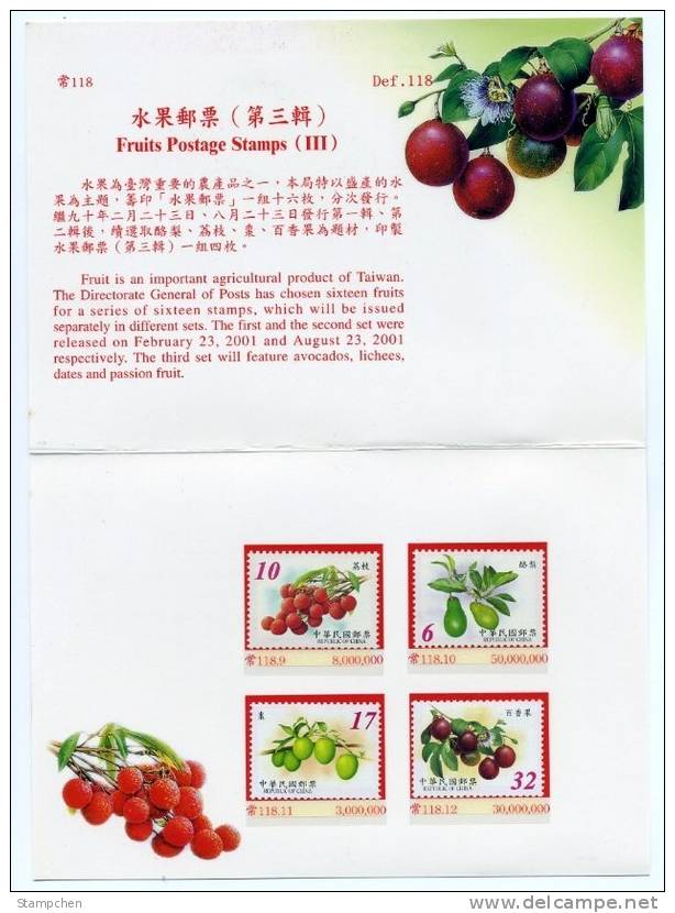 Folder Taiwan 2002 Fruit Stamps (C) Avocado Lichee Litchi Date Passion Flora - Neufs