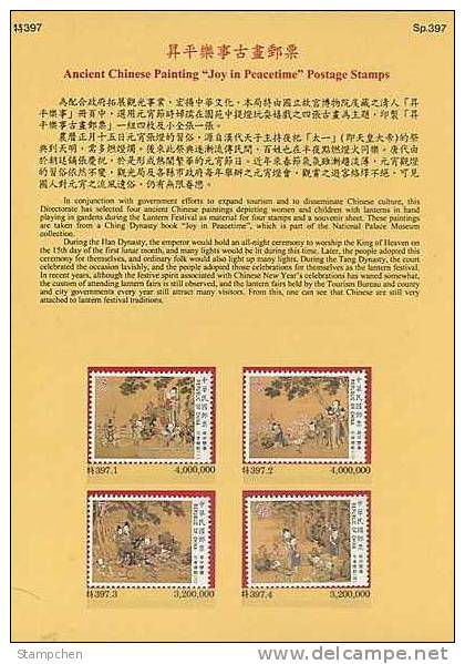 Folder Taiwan 1999 Ancient Chinese Painting- Joy Peacetime Stamps Kite Lantern Festival Crane Elephant Bird - Unused Stamps