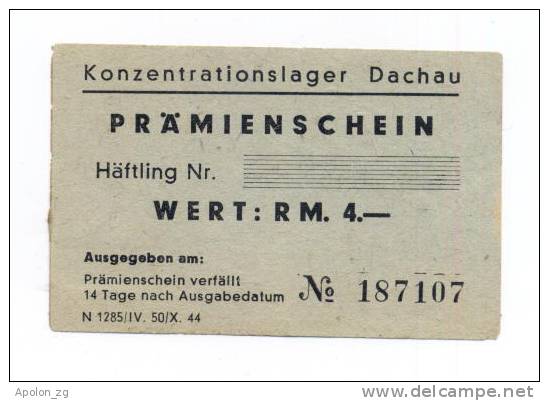 GERMANY - DEUTSCHLAND: 4 RM (1943-1944) -UNC *WORLD WAR II - NAZI - Concentration Camp DACHAU *MEGA RARE HOLOCAUST NOTE! - Altri & Non Classificati