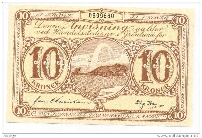 GREENLAND: 10 Kroner 1953- UNC * *SPECIME *P21s  RARE BANKNOTE !!! - Grönland