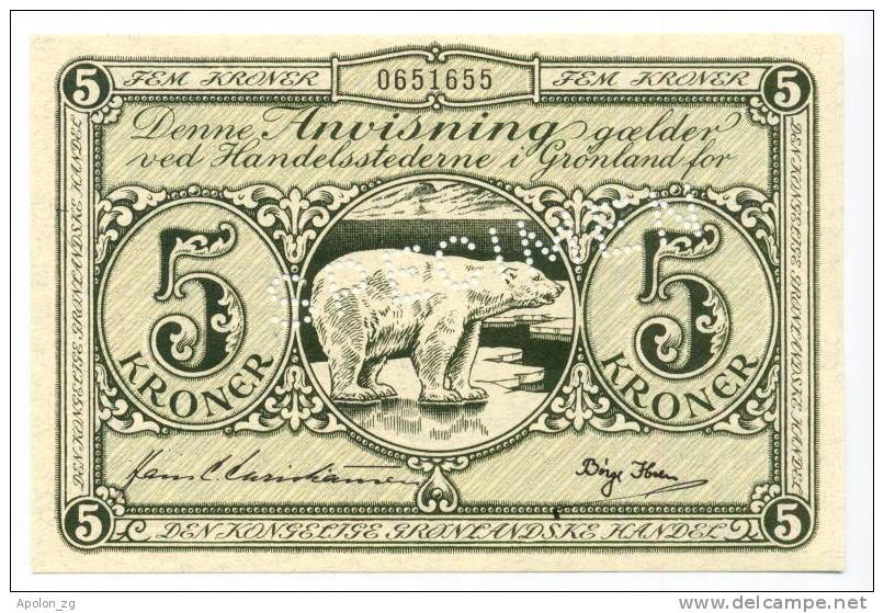 GREENLAND: 5 Kroner 1953- UNC *SPECIMEN *P18 *  RARE BANKNOTE !!! - Greenland