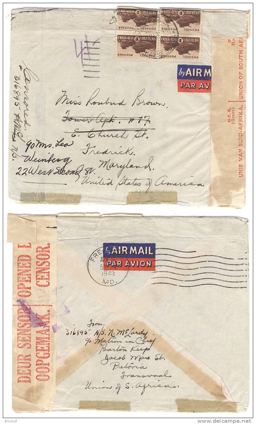 South Africa 1943 Censored Cover To USA 4x1s - Brieven En Documenten