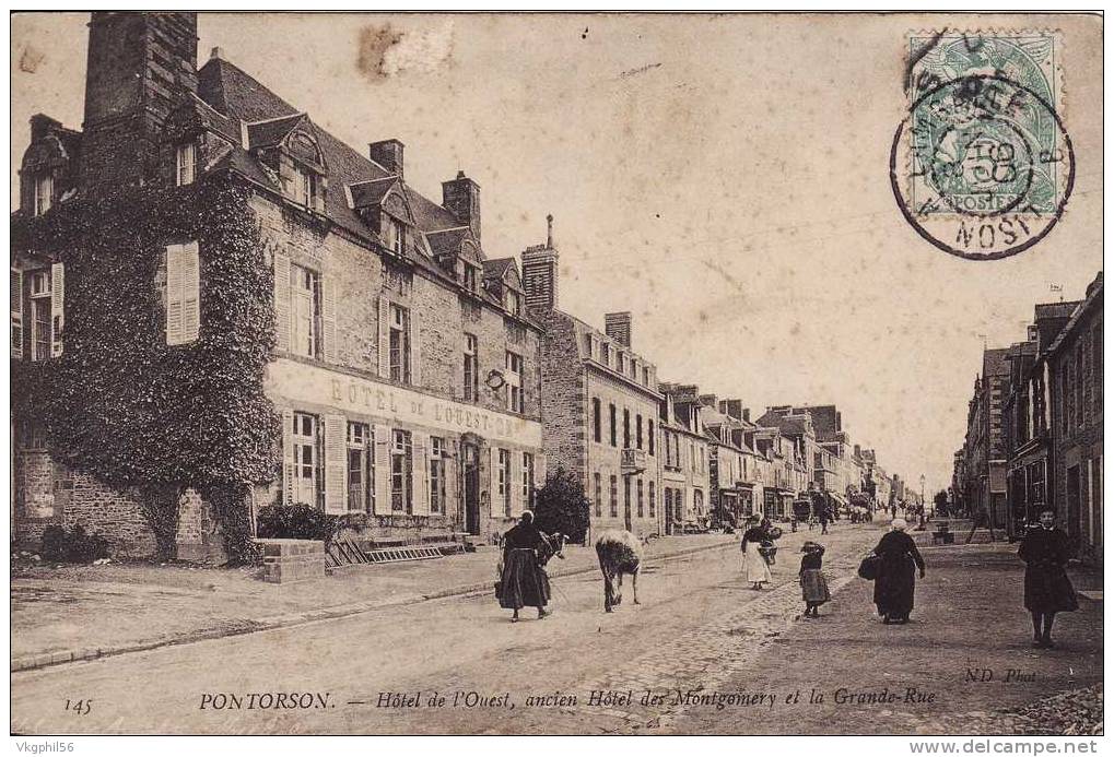 Pontorson. Hôtel De L'Ouest, Et Grande Rue Animée. Cachet Ambulant De 1906. Pas De Pli. Voir Scan Pour état - Pontorson