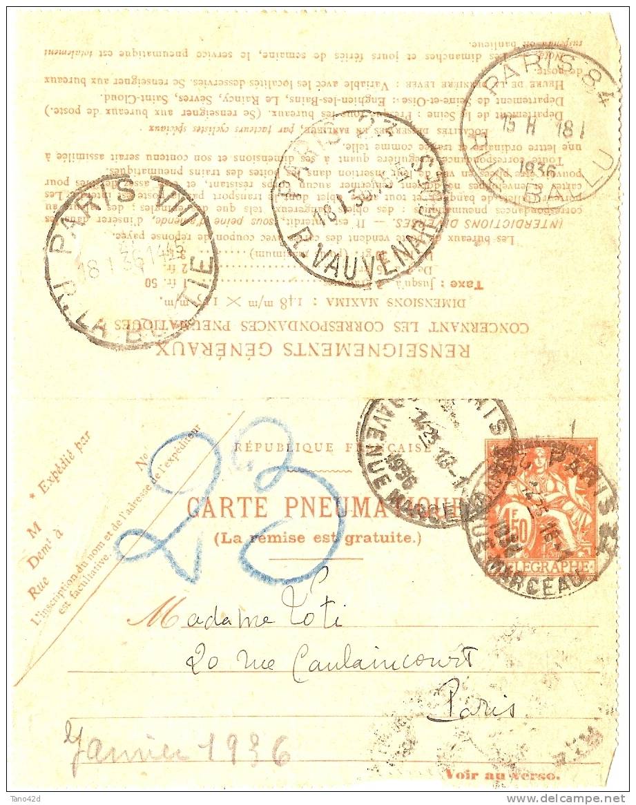 REF LGM - FRANCE CARTE LETTRE PNEUMATIQUE TYPE CHAPLAIN 1f 50  VOYAGEE - Pneumatische Post