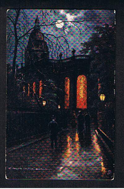 RB 564 - Early Raphael Tuck "Oilette" Postcard Night View St Philip's Church Birmingham Warwickshire - Birmingham