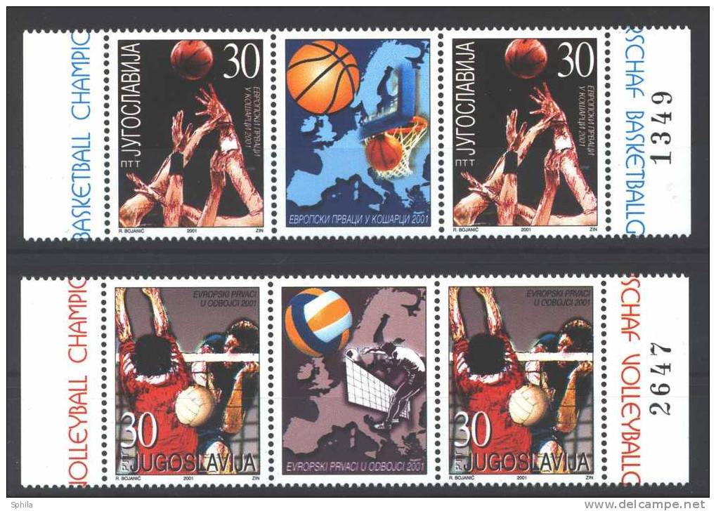 Jugoslawien – Yugoslavia 2001 Champions In Basketball And Volleyball In Strips Of 2 W.label MNH, Light Offset On Gum - Neufs