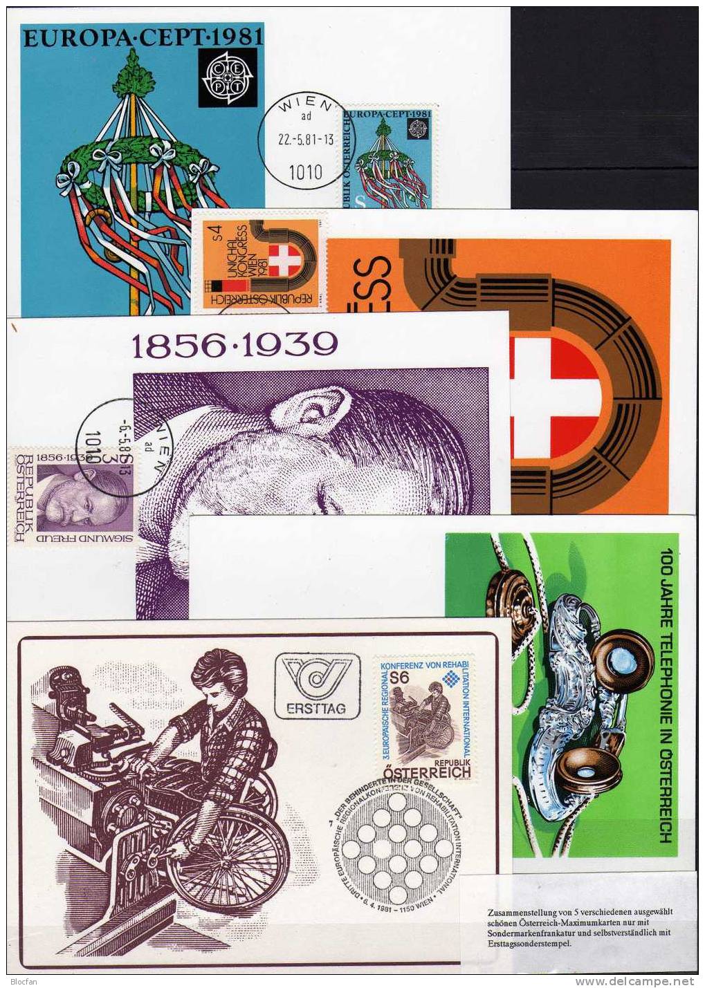 5 Maxi-Karten Österreich 1981 O 50€ Rehabilitation Psychoanalyse Heizung CEPT Folklore Telefon Art Maxicard Of Austria - Collections