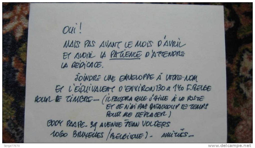 Paape Feuillet Carte Autographe Marc Dacier Valhardi Luc Orient Oncle Paul Dédicacé Signé Signature Spirou Tintin - Opdrachten