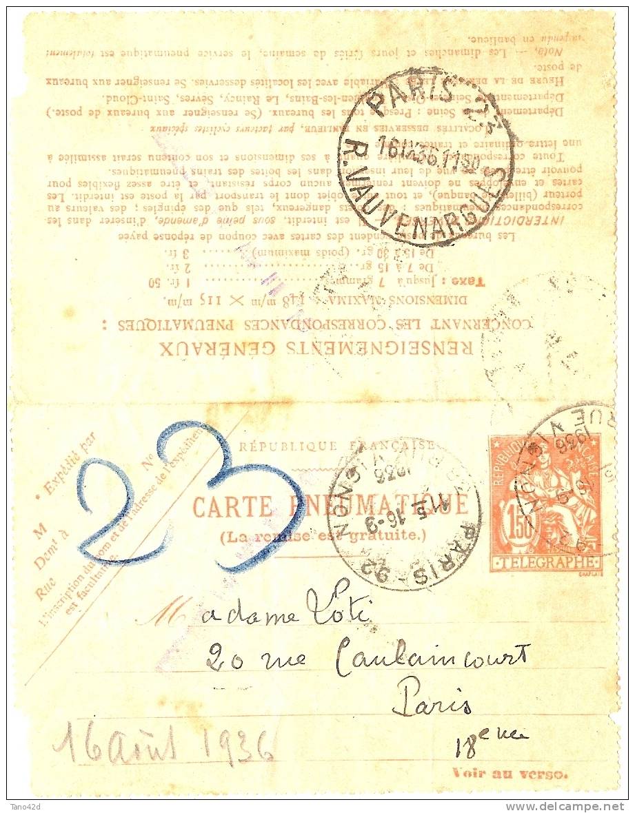 REF LGM - FRANCE CARTE LETTRE PNEUMATIQUE TYPE CHAPLAIN 1f 50  VOYAGEE - Pneumatici