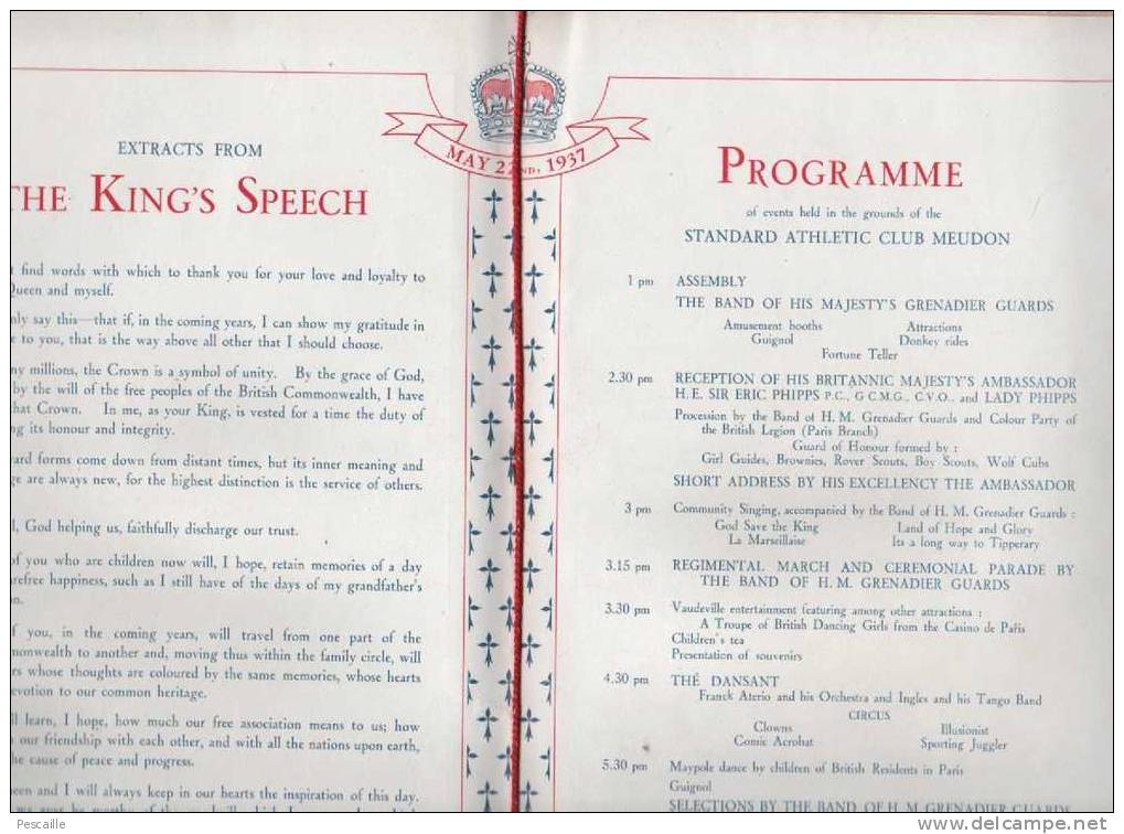 SOUVENIR PROGRAMME 1937 - GRAND FETE BRITISH COLONY IN PARIS TO CELEBRATE THE CORONATION OF KING GEORGE VI - Programma's