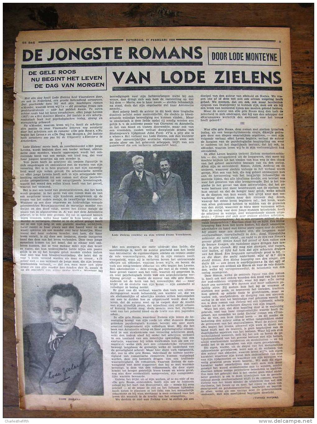 ORIGINELE PAGINA UIT KRANT VAN 1939 - LODE ZIELENS !! - Writers