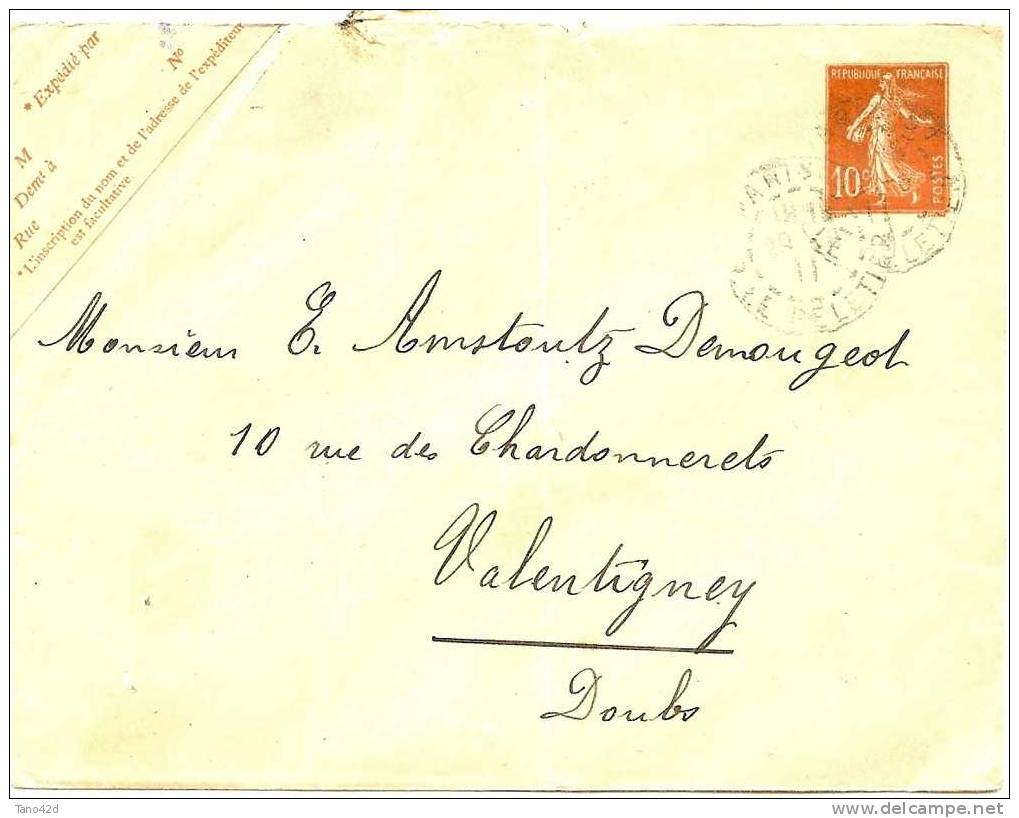 REF LGM - FRANCE EP ENVELOPPE TYPE SEMEUSE CAMEE 10c 147x112mm PARIS / VALENTIGNEY 29/??/1911 - Standard Covers & Stamped On Demand (before 1995)