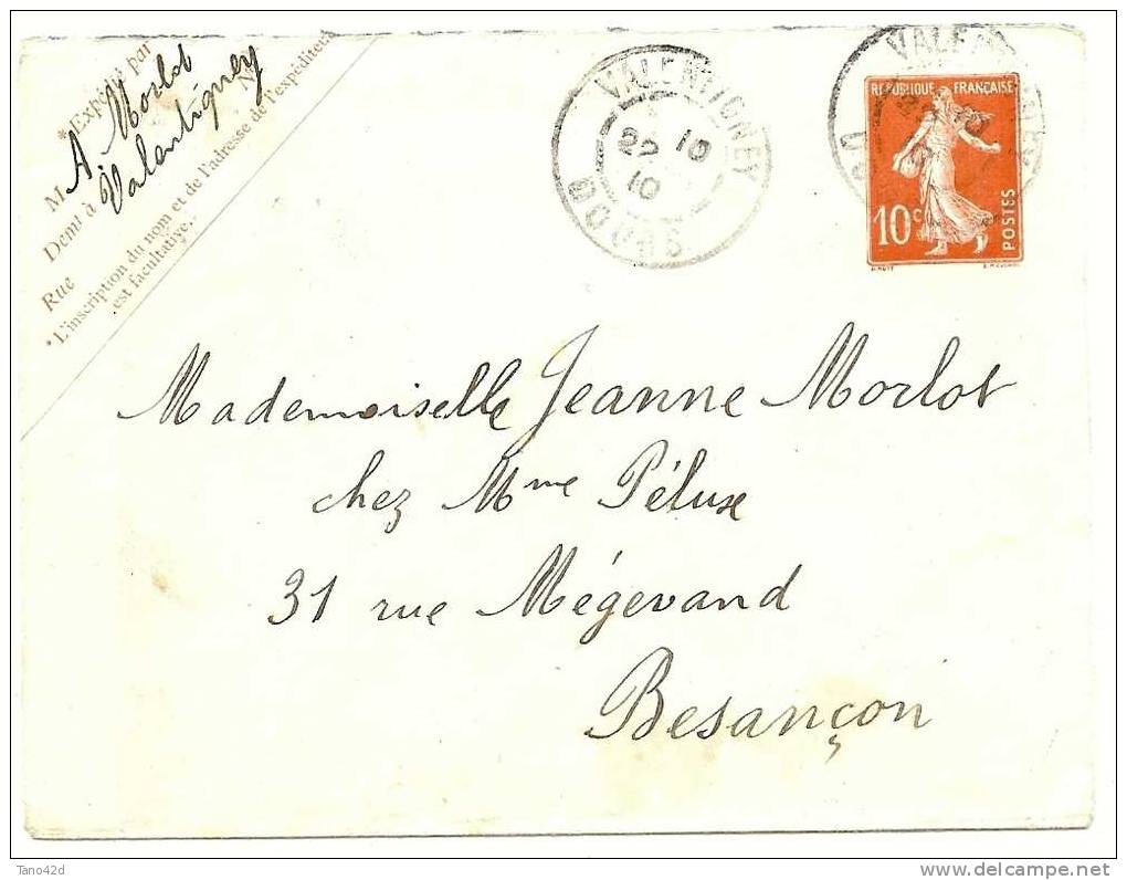 REF LGM - FRANCE EP ENVELOPPE TYPE SEMEUSE CAMEE 10c  VALENTIGNEY/BESANCON22/1/1910 - Standard Covers & Stamped On Demand (before 1995)