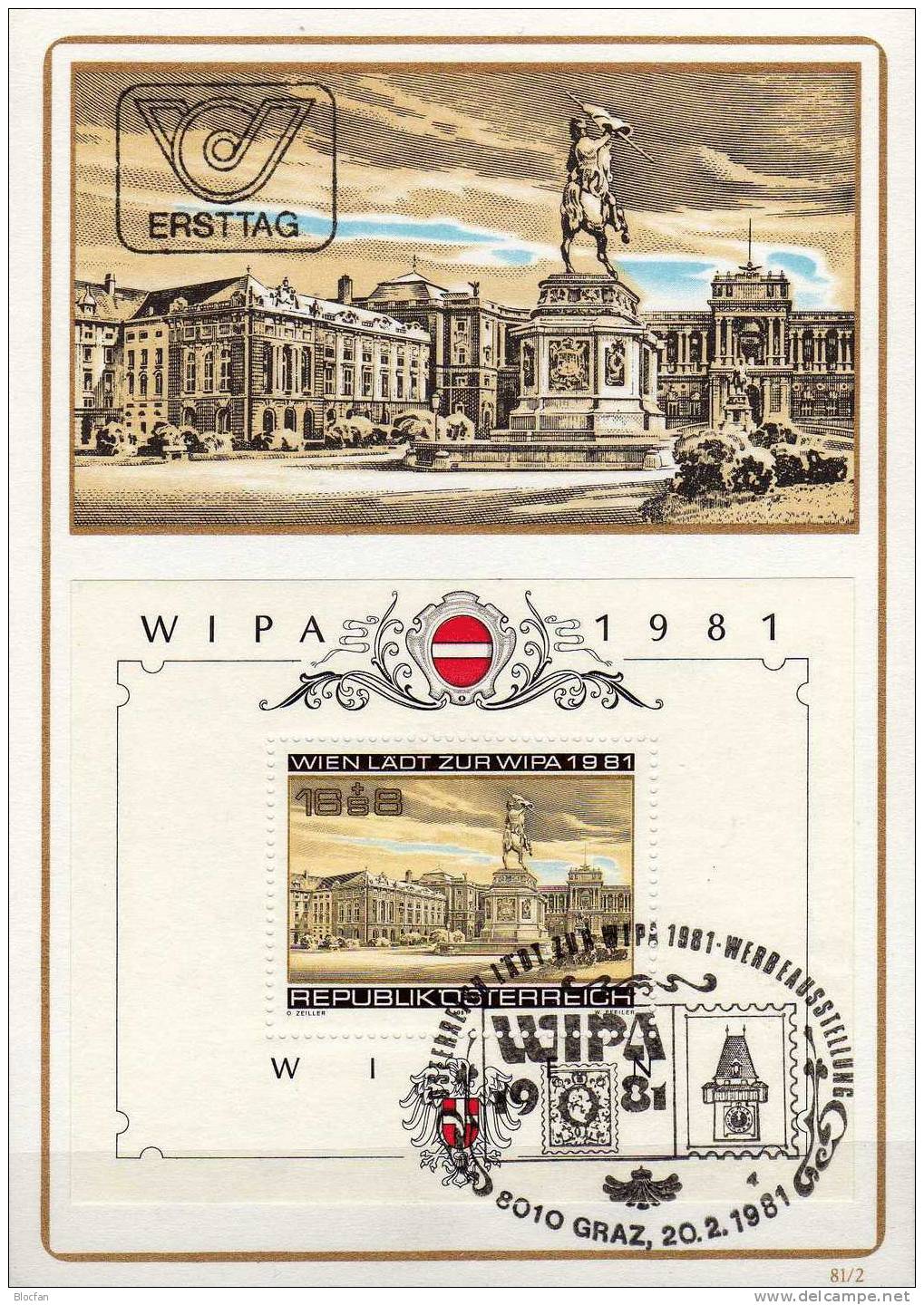 2 Maximumkarten WIPA 1981 Austria 1665 Block 5+ 2xMC2/81 O 32€ Heldenplatz Denkmal Hofburg Wien Maxicard From Austria - Maschinenstempel (EMA)