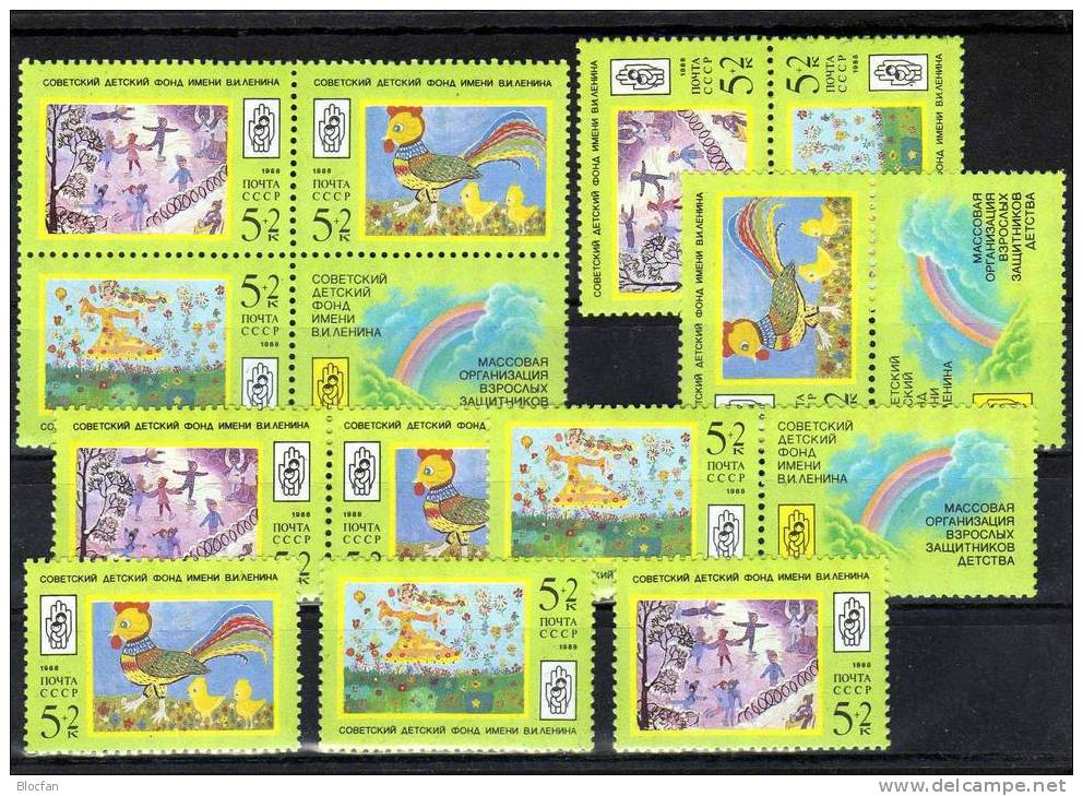 Varianten Zeichnungen Kinderhilfe Der Sowjetunion 5889/1, 4xZD+ 4-Block ** 3€ Eisbahn, Blumen, Küken - Varietà E Curiosità