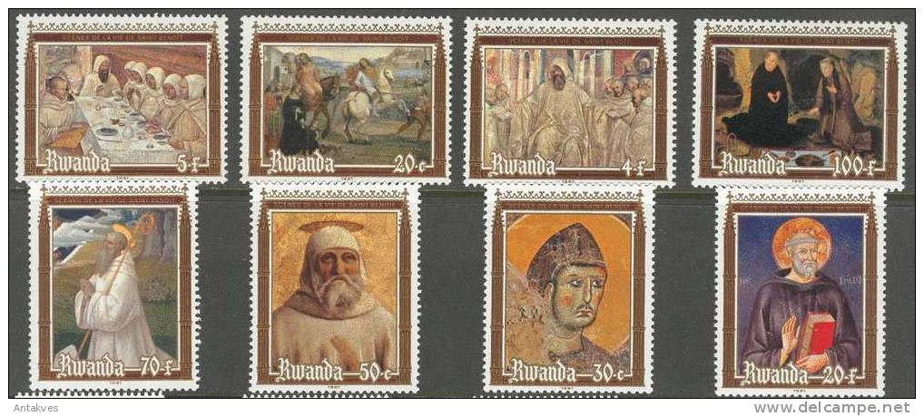 Rwanda 1981 Life Of St. Benedikt Art Painting Set Of 8 MNH - Religión