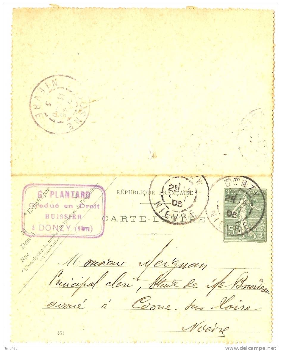 REF LGM - FRANCE EP CARTE LETTRE SEMEUSE LIGNEE 15c DATE 454 DONZY / COSNE 14/8/1905 - Cartes-lettres