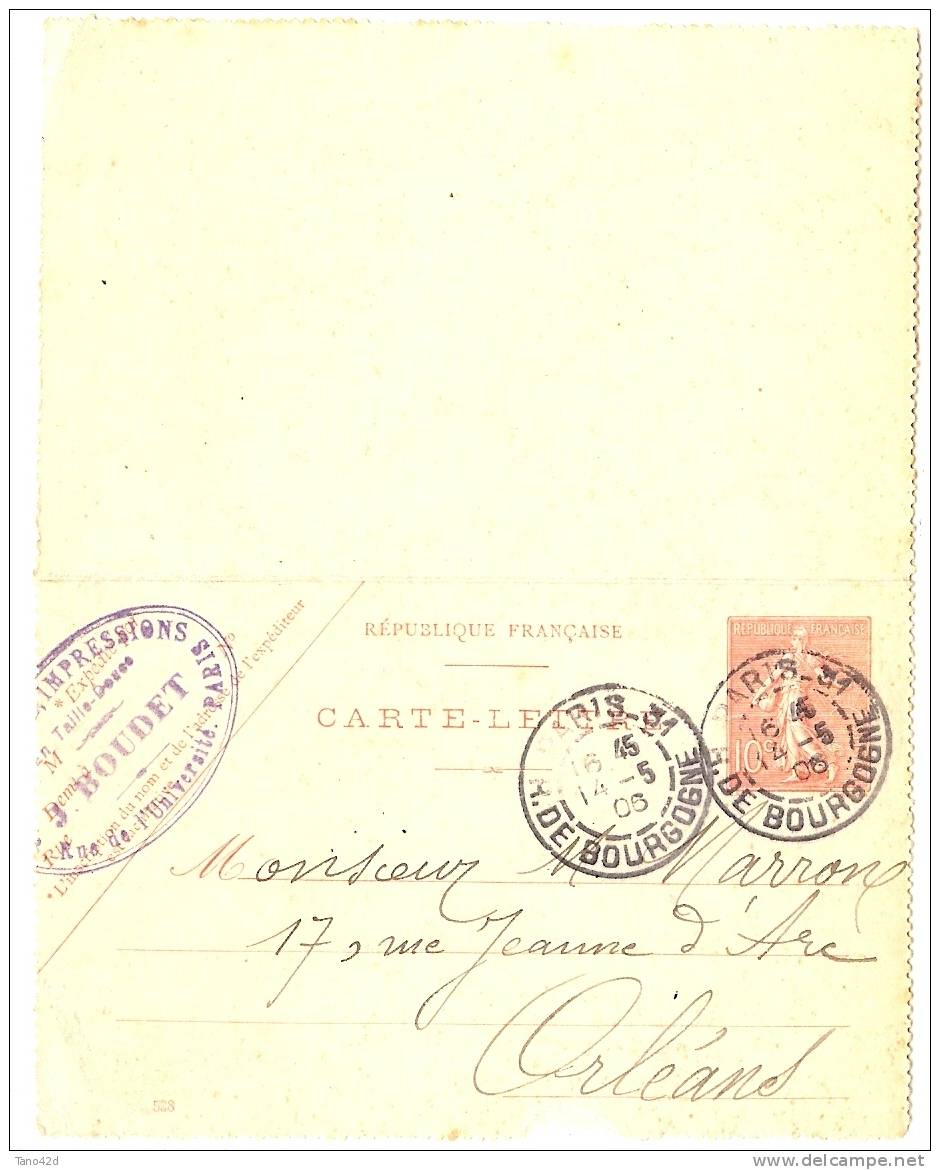 REF LGM - FRANCE EP CARTE LETTRE SEMEUSE LIGNEE 10c DATE 528 PARIS / ORLEANS 14/5/1906 - Letter Cards