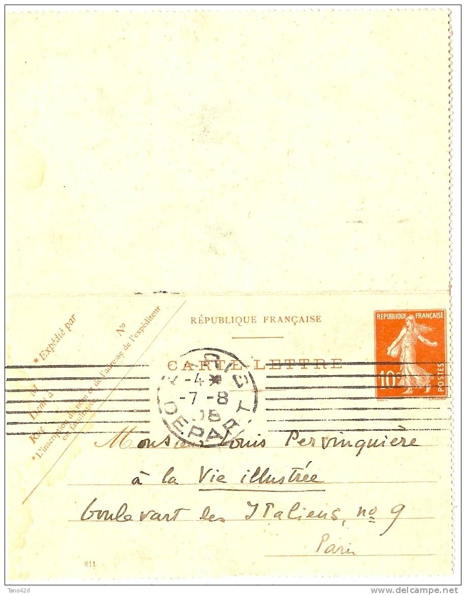 REF LGM - FRANCE EP CARTE LETTRE SEMEUSE CAMEE 10c DATE 811 PARIS DEPART / PARIS IX° 7/8/1908 - Tarjetas Cartas