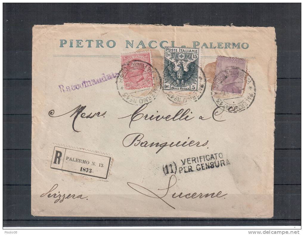 REGNO INTERESSANTE BUSTA VIAGGIATA IN RACCOMANDATA DA PALERMO A LUCERNA - Stamps For Advertising Covers (BLP)