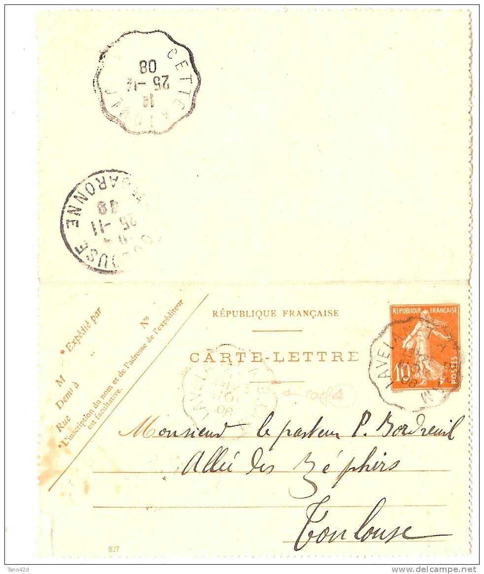 REF LGM - FRANCE EP CARTE LETTRE SEMEUSE CAMEE 10c DATE 827 AMBULANTS LAVELANET A BRAM / CETTE A TOULOUSE 24/11/1908 - Cartes-lettres