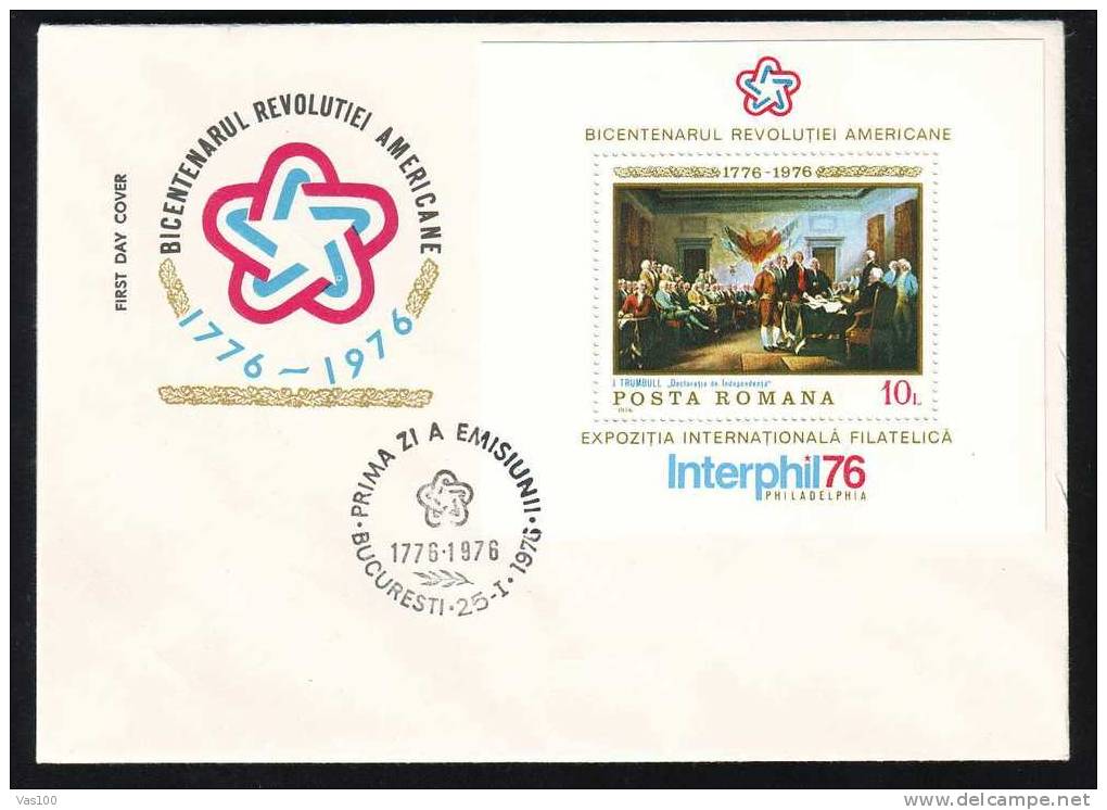 ROMANIA  1976 PAINTING AMERICAN BICENTENARE 1 Cover FDC BLOCK. - Us Independence