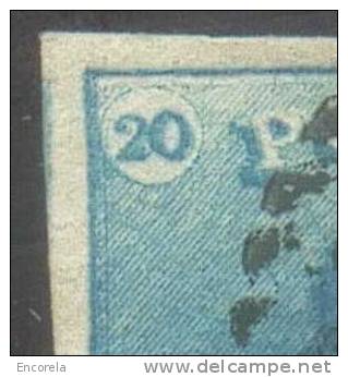 N°2 - Epaulette 20 Centimes Bleue, Bien Margée Et Obl. P.90 OSTENDE.  Curiosité : Double Impression Bien Nette.  RR. - 5 - 1849 Epauletten