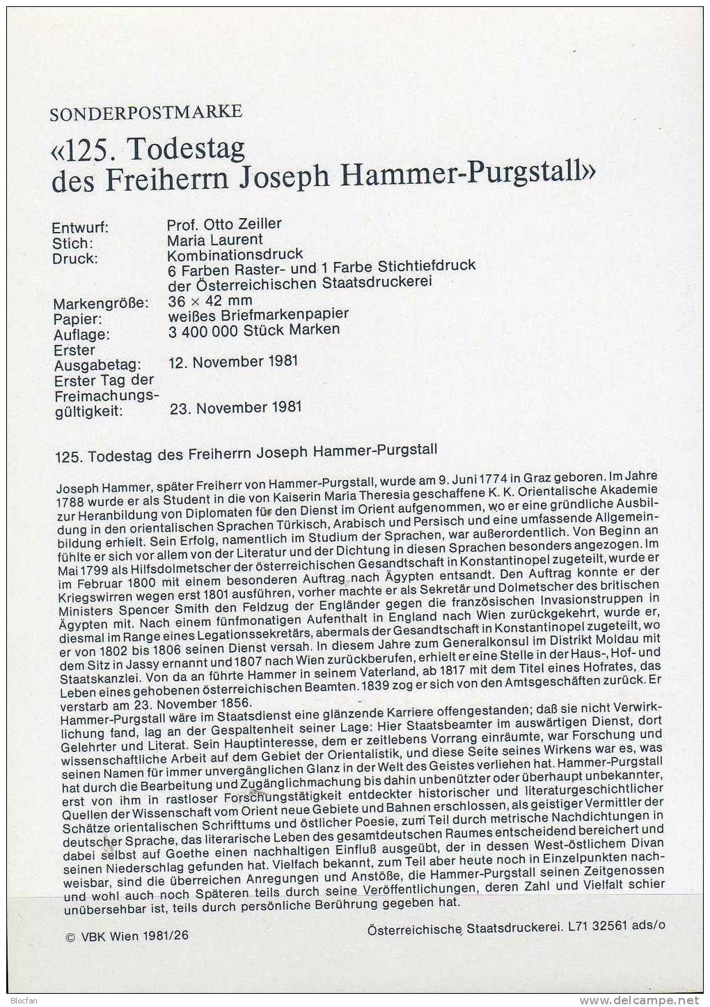 MaxiCard Gesander Freiherr Hammer-Purgstall Österreich 1689+ MC26/81b O 10€ Orientalist - Zeitungsmarken