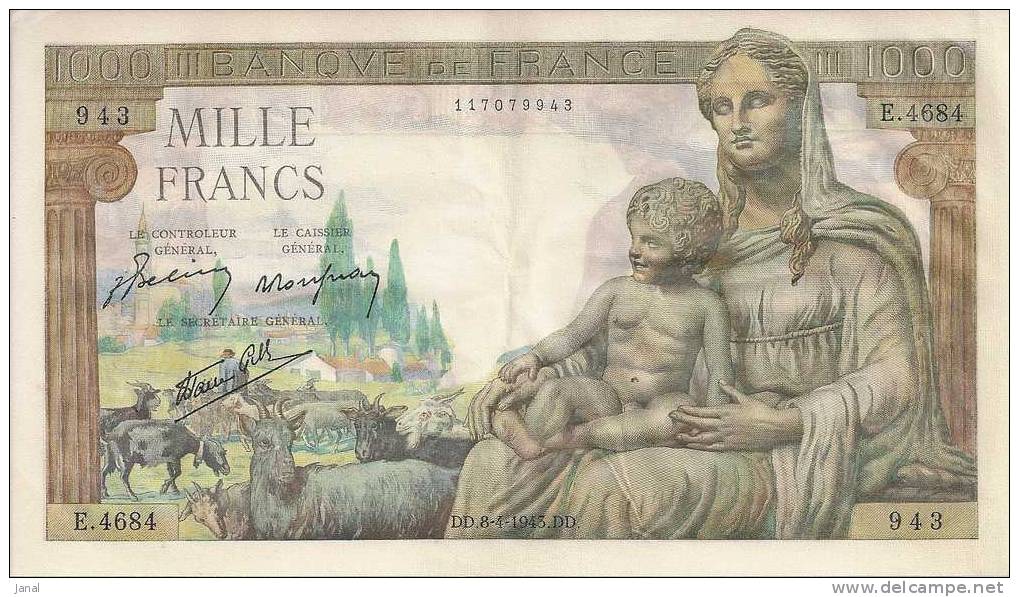 - FRANCE - BILLET -  DEESSE DEMETER - 1000 F - DD - 8 - 4 - 1943 - DD - N° E . 4684 - MILLES FRANCS - - 1 000 F 1942-1943 ''Déesse Déméter''