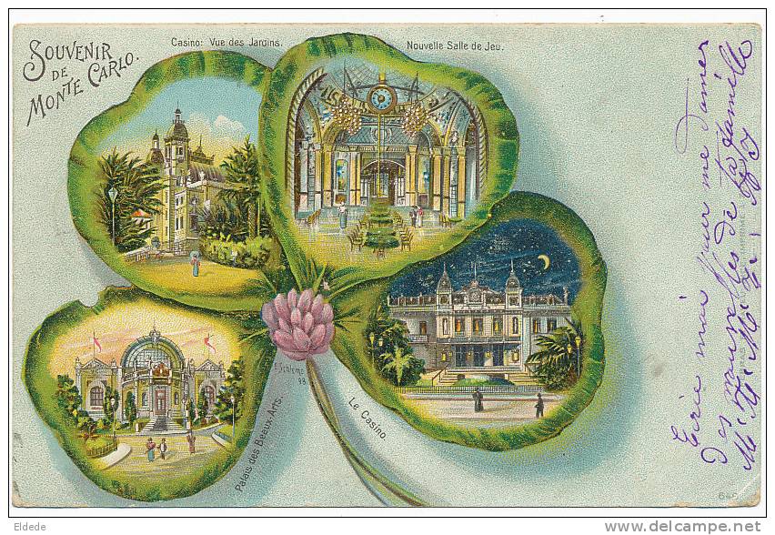 Souvenir Monte Carlo Trefle Multi Vues Dessin Edit Ferraz Zurich  Timbré1900 Coin Inf. Droit Abimé - Autres & Non Classés