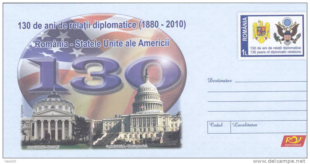 Romania-USA 130 Years Of Diplomatic Relations Coat Of Arms 2010 Cover Stationery Romania! - Covers