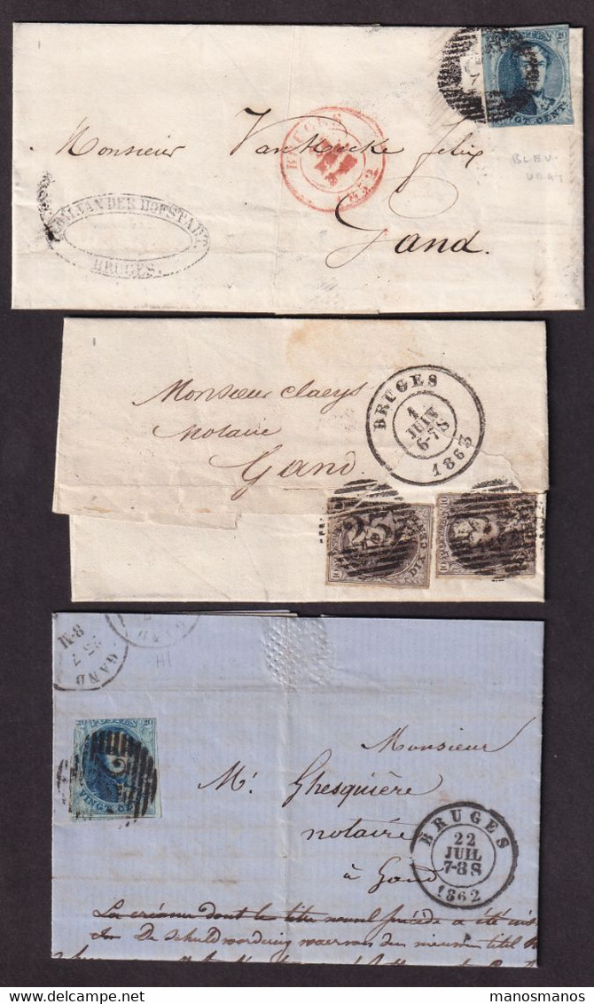 765/15 -  3 Lettres TP Médaillons 10 Ou 20 C  BRUGES 1852 / 1863 , Dont Courriers De Notaires - 1849-1865 Medaillons (Varia)