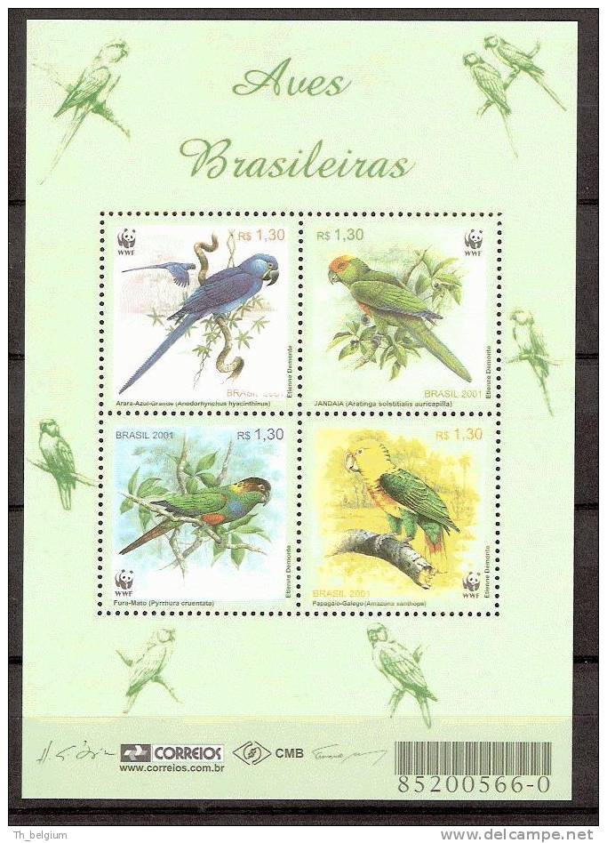 WWF Brasil 2001 - Brasil Birds - Parrots S/S - Unused Stamps